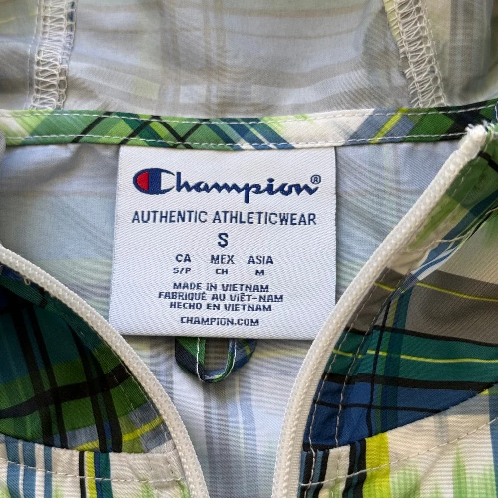 Champion Windbreaker Jacket Mens Small Green Blue Plaid Half Zip Anorak Hooded